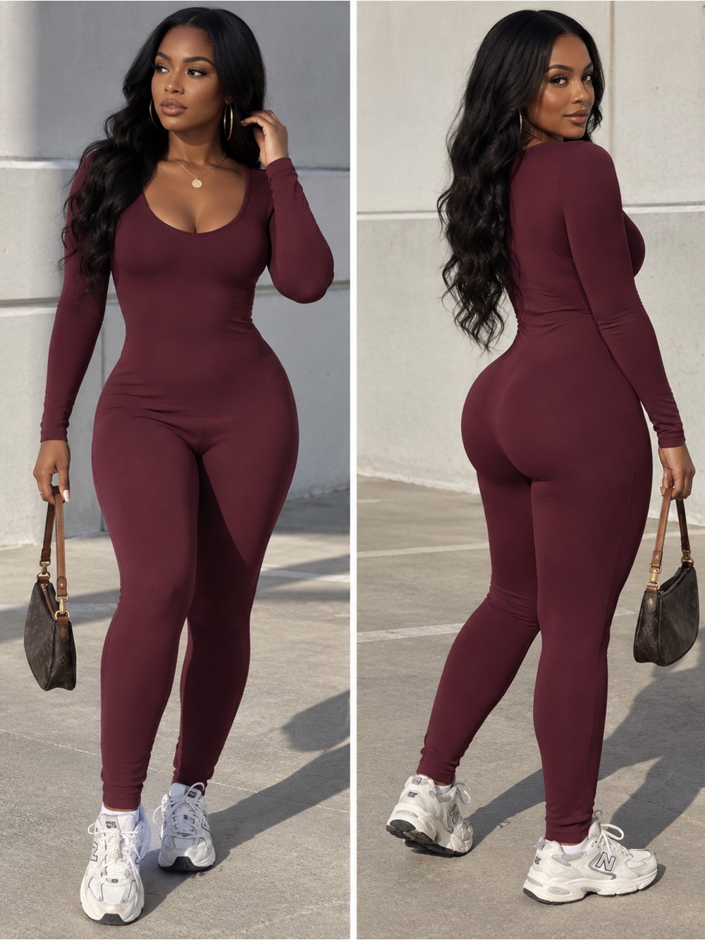 Long-Sleeve Scoop Neck Burgundy Jumpsuit